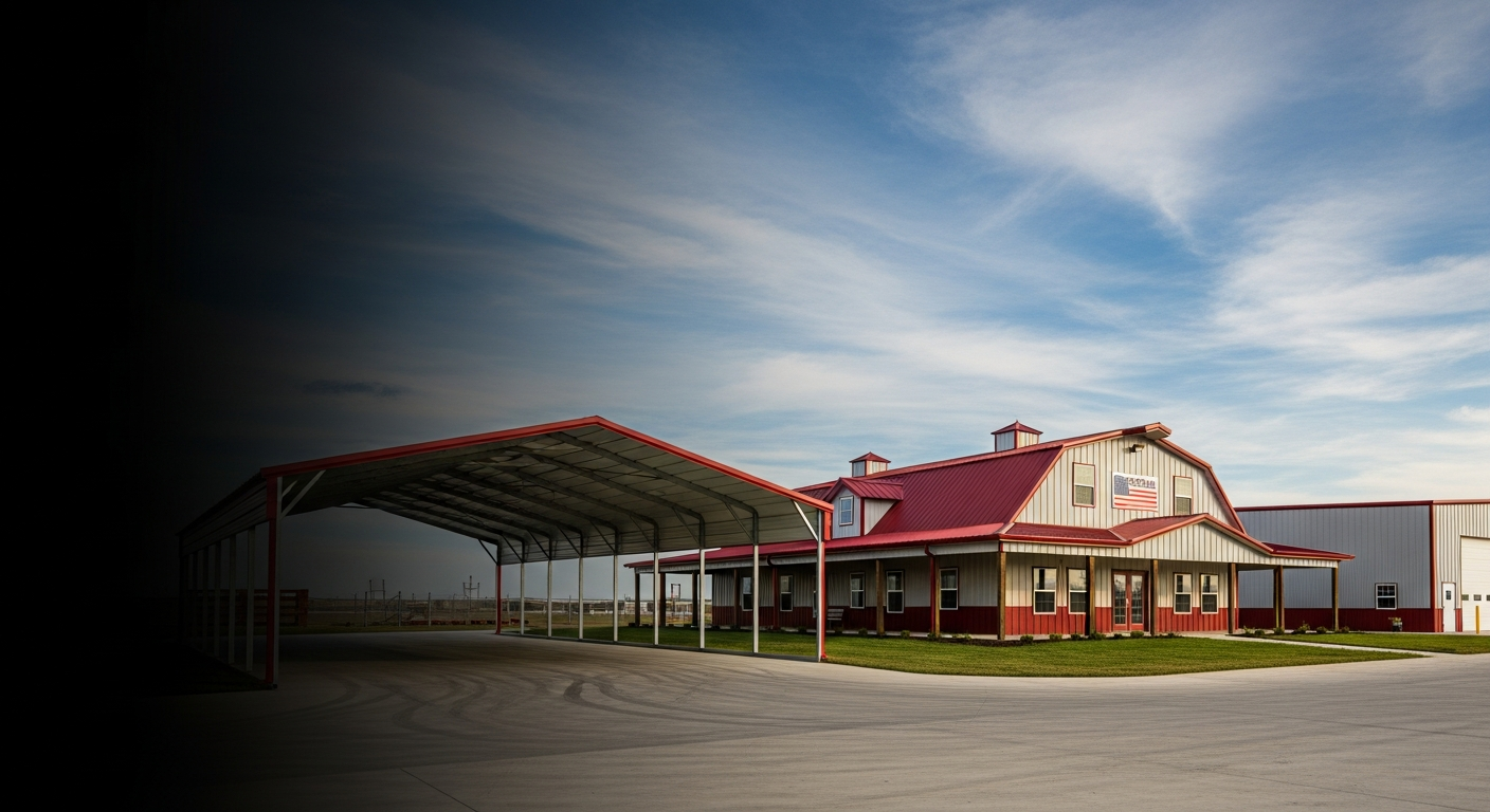 Large red TOL metal building with covered carport and porch — well-maintained for long-term durability