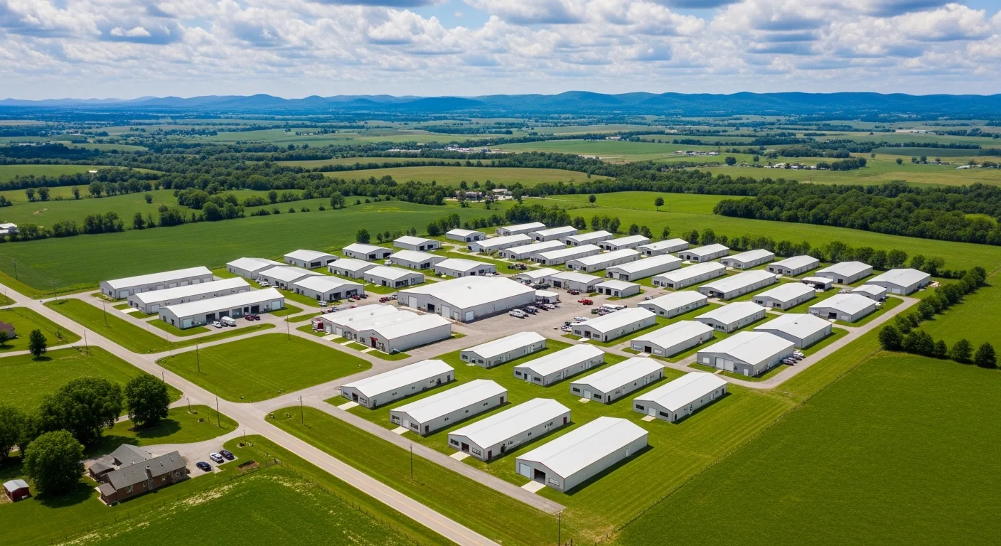 Aerial view of a TOL Buildings dealer lot showing finished steel garages, barns, and carports