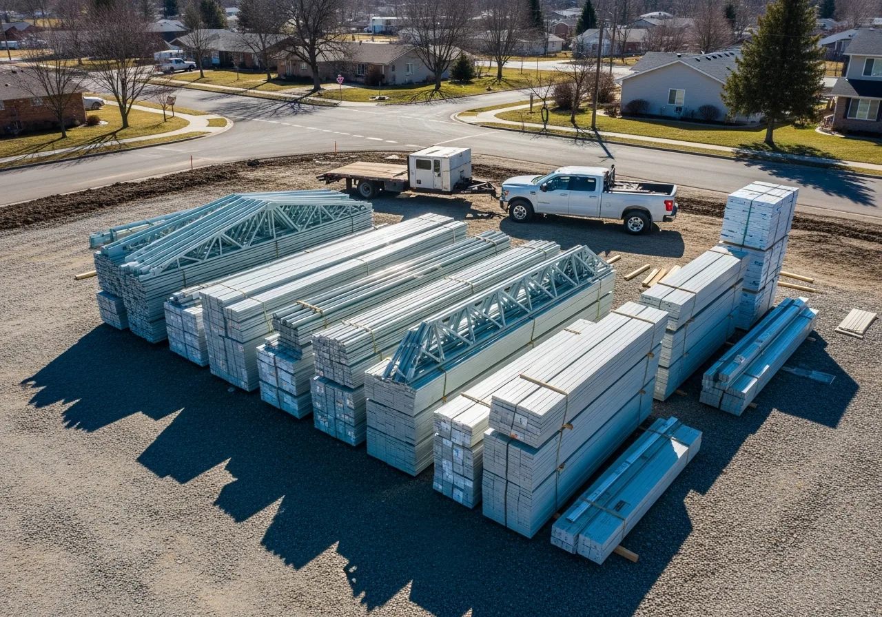 Aerial view of a delivered TOL Buildings steel kit staged on a residential job site, ready to install