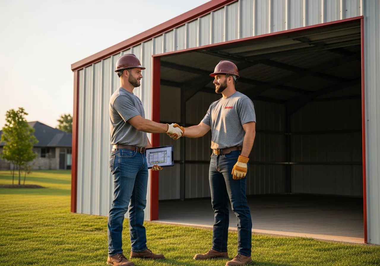 TOL Buildings field rep shaking hands with an installer crew lead in front of a partially built steel garage