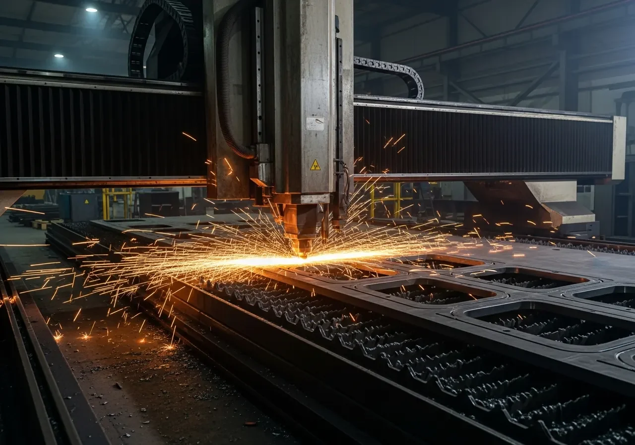 CNC plasma cutting steel plates on the TOL Buildings manufacturing floor